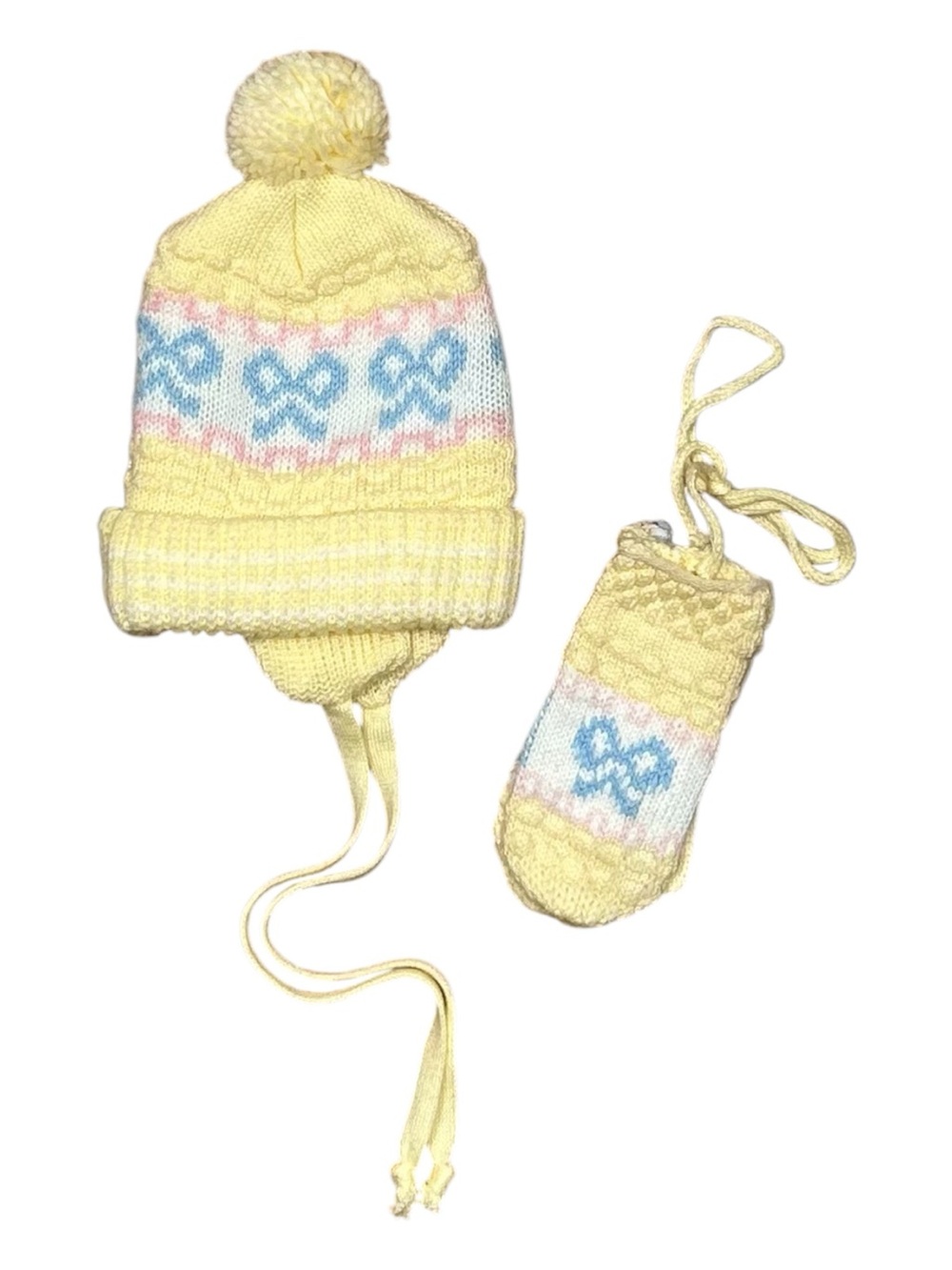 VINTAGE 90s Baby Pastel Yellow Knit Hat and Mitten Set NWOT